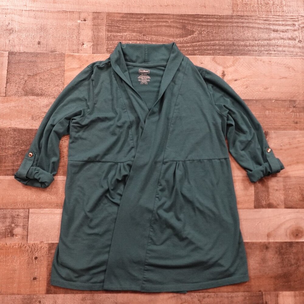 LL Bean draped‎ cardigan sweater women's medium petite green Supima Cotton